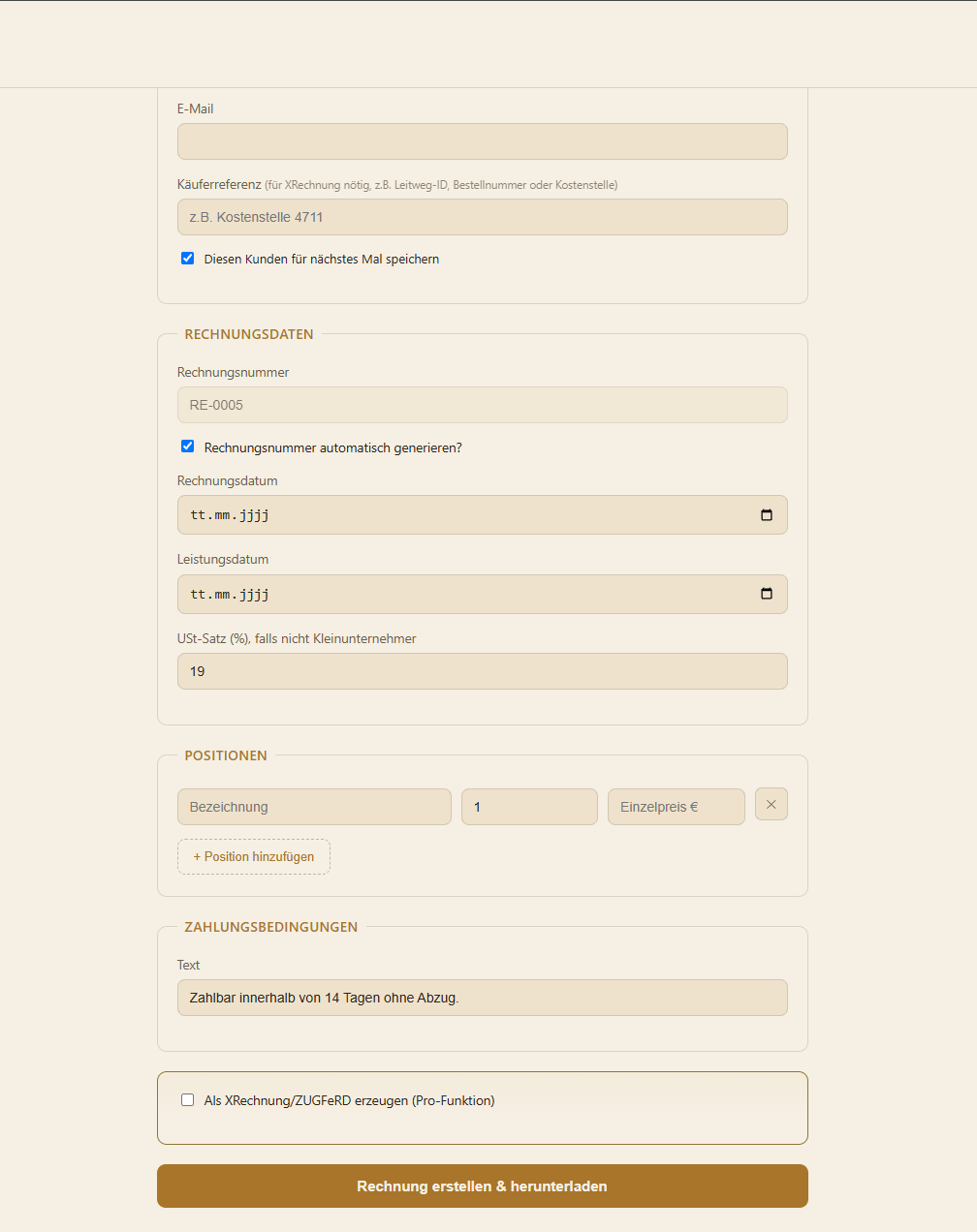 Formular: Rechnungsdaten, Positionen, Zahlungsbedingungen und XRechnung-Option
