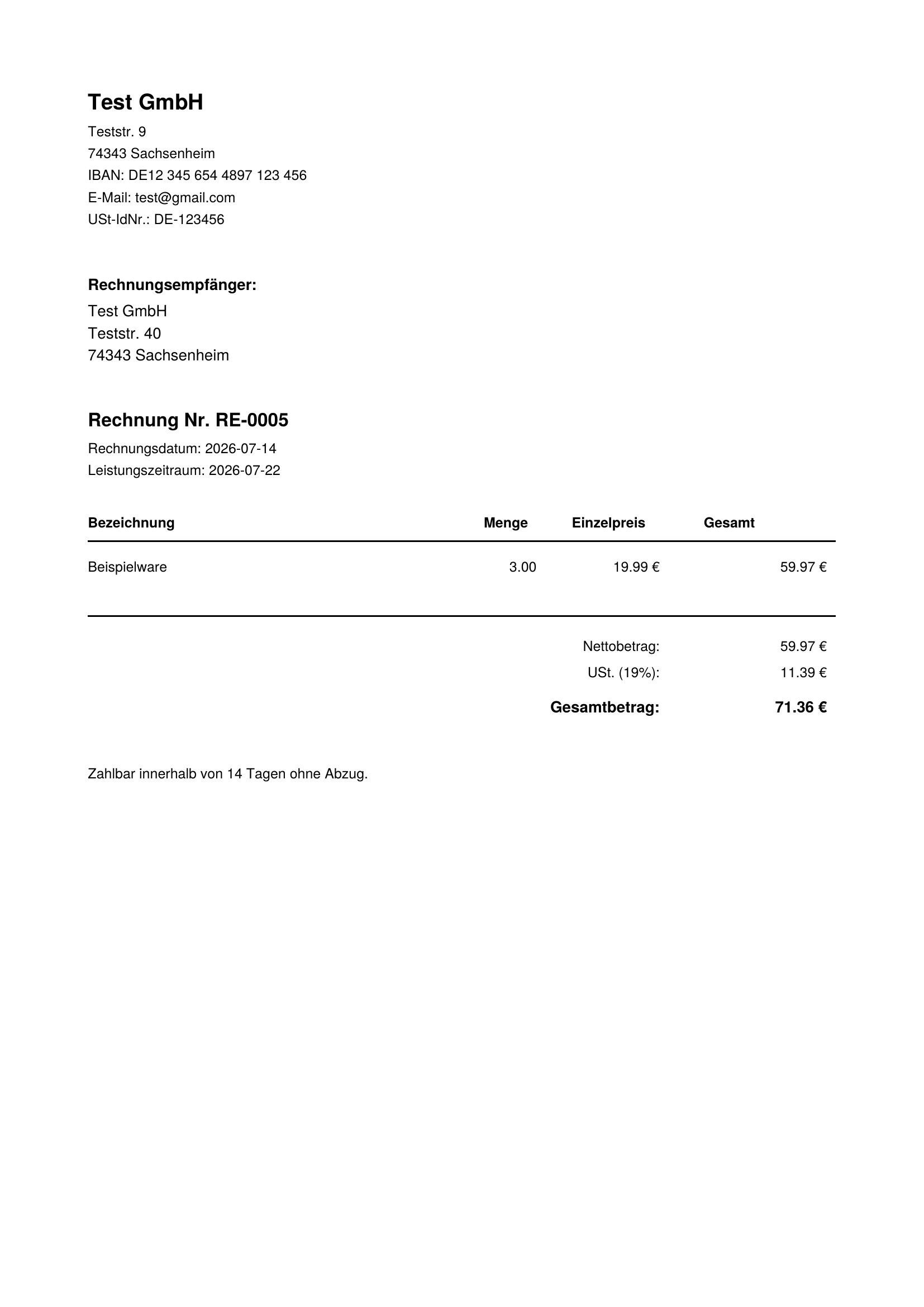 Fertige Rechnung als PDF, mit allen Pflichtangaben